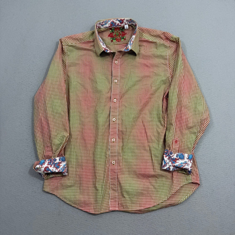 Robert Graham Button Shirt Mens XL Orange Gingham Classic Fit Paisley Flip Cuffs